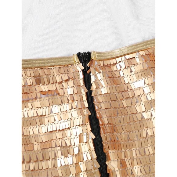 Women Sequin Mini Dress Cut Out Large Gold/Yellow V-Neck Long Sleeve Zipper Back - Picture 6 of 14